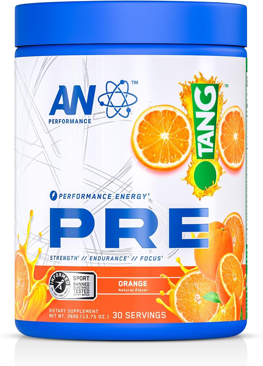 AN Performance Pre-Workout Powder Supplement for Men & Women | Energy Drink Mix with 300mg Caffeine + Beta Alanine + Citrulline | Third-Party Tested | Tang Orange | 30 Servings