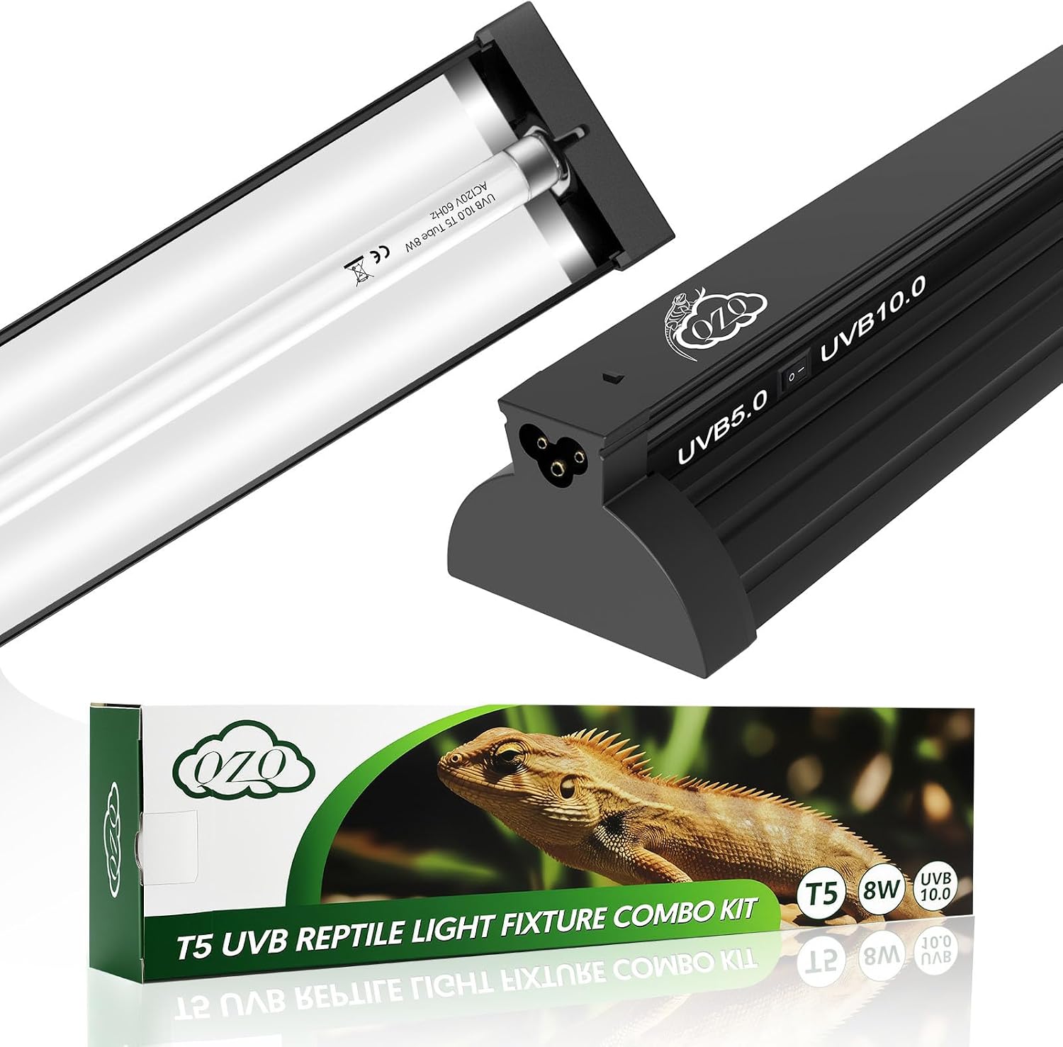 QZQ T5 UVB Reptile Light Fixture Combo Kit 8W, UVB Light for Reptiles with Switchable 5.0 & 10.0 UVB Output, Terrarium Hood Lamp for Bearded Dragon, Snake, Gecko, Tortoise, Lizard | UVB Light for Reptiles, One-Touch Mode Switching, Terrarium Hood Lamp for Bearded Dragon, Snake, Gecko, Tortoise, Lizard