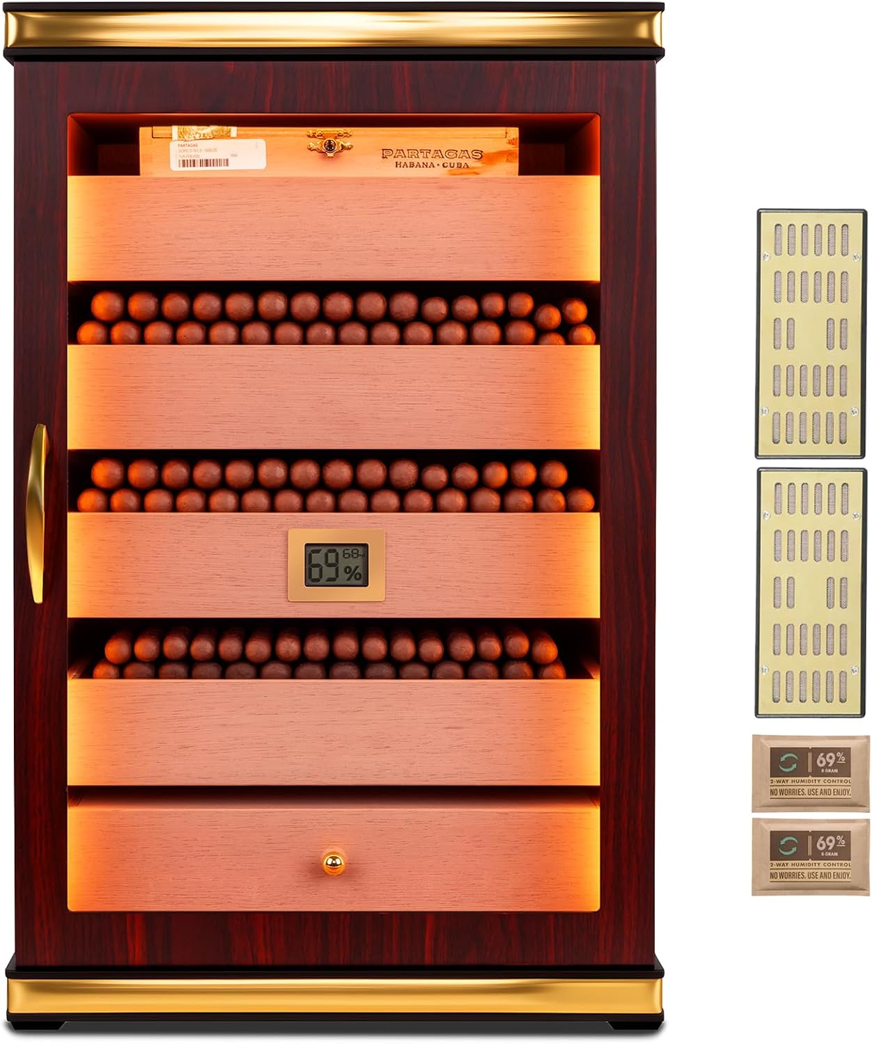 Cigar Humidor, Desktop Cigar Humidor Cabinet Triple-Sided Light with Digital Hygrometer, Humidifier and Humidity Packs. 5 Cedar Wood Drawers,Humidor Cigar Box can Hold 500 Cigars. Present for Men