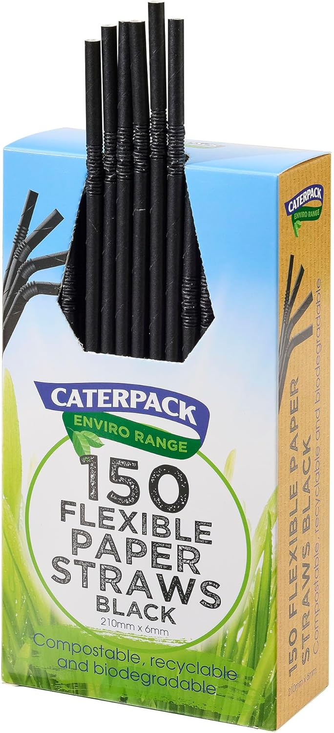 Caterpack Enviro Range Black Flexi Paper Straws 150 Pack, 210 x 6mm, Fully Recyclable, Biodegradable and compostable. Strong & Sustainable.