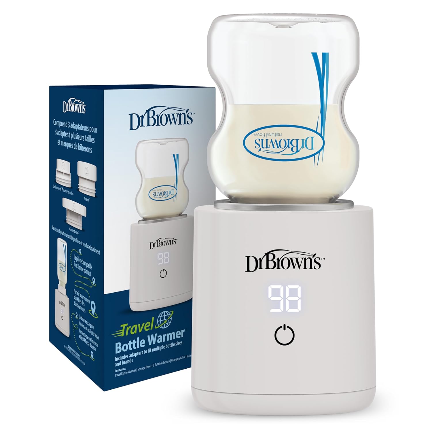 Dr. Brown's Travel Baby Bottle Warmer, Quickly Warms Breast Milk and Water for Formula On-The-Go, Portable, Rechargeable, Cordless with 3 Bottle Adapters