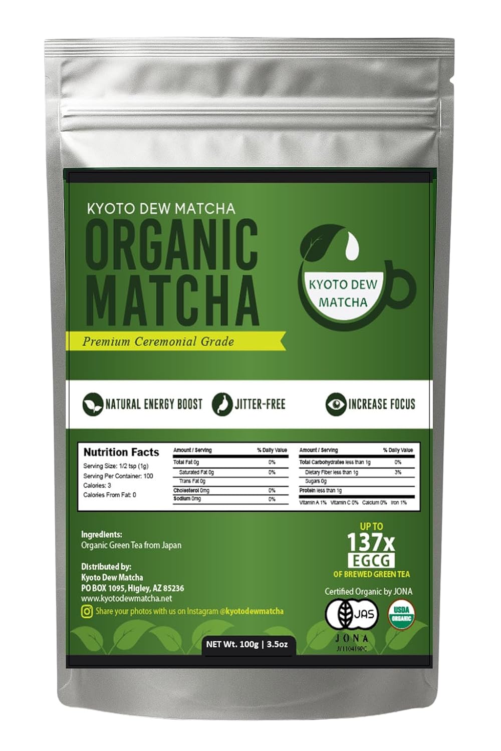 Kyoto Dew Matcha – Organic Premium Ceremonial Grade Japanese Matcha Green Tea Powder – No Fillers, Zero Sugar – USDA & JAS Certified (3.5oz. Bag)