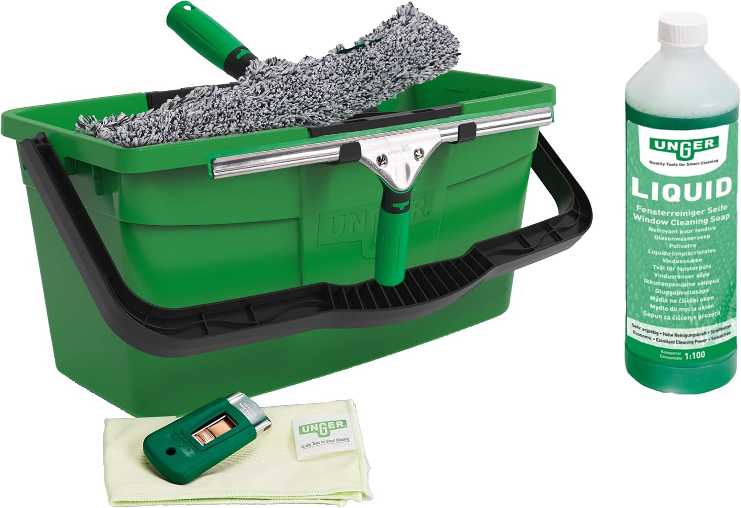 UNGER Window Cleaning Kit PRO Set - Power Washer Sleeve, ErgoTec Squeegee, Bucket 12L, Liquid Glass Cleaner 1L, Safety Glass Scraper, Microfibre Cloth - Professional Window Cleaner Equipment