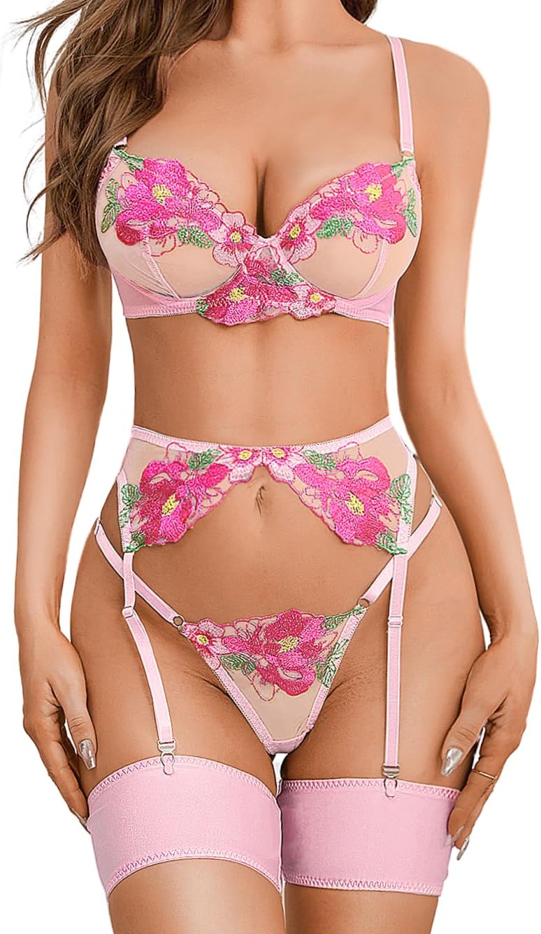 Kaei&Shi Women Floral Embroidered Lingerie Garter Set