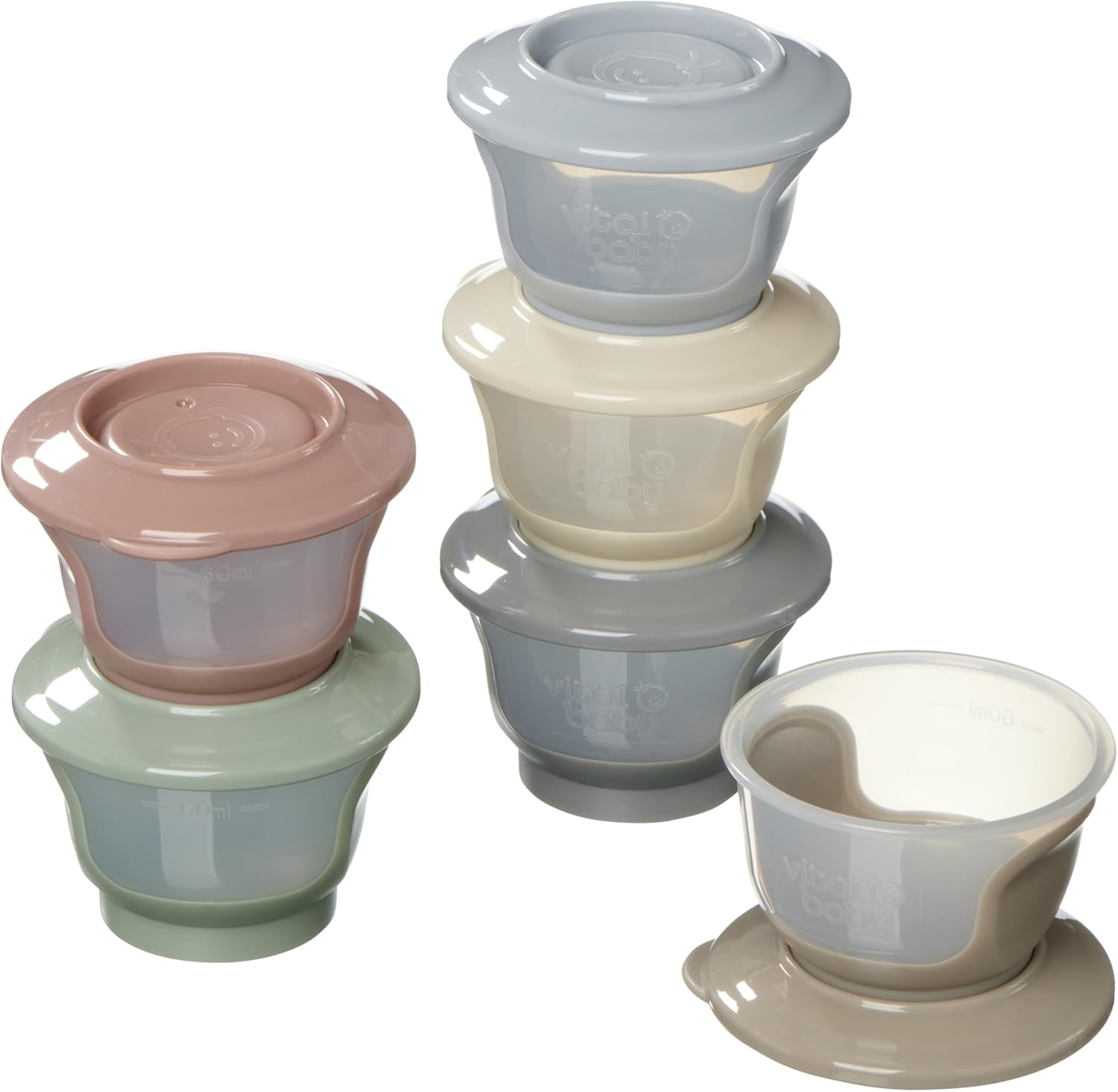 Vital Baby Nourish Store & Wean Food Pots 60ml 6pk 4m+, Leakproof, Stackable, Soft Base, EarthSmart Biodegradable, BPA-Free & Freezer Safe for Baby Food