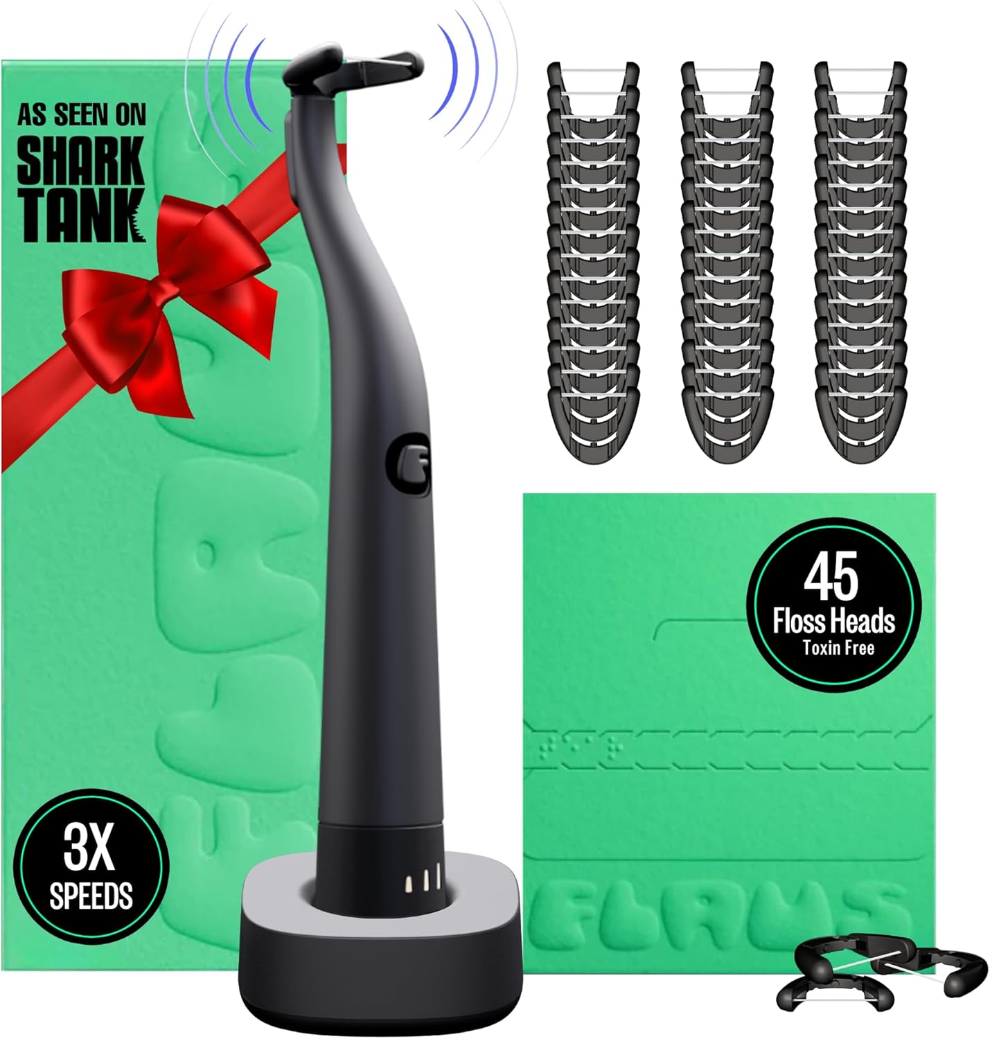 FLAUS Electric Flosser (Shark Tank) 3 Speeds + 45 Refill Heads w/Gentle Gliding Floss for Sensitive Gum Care - Water Flosser Alternative, Dentist Recommended Tooth Flossers, Eco Dental Floss Picks