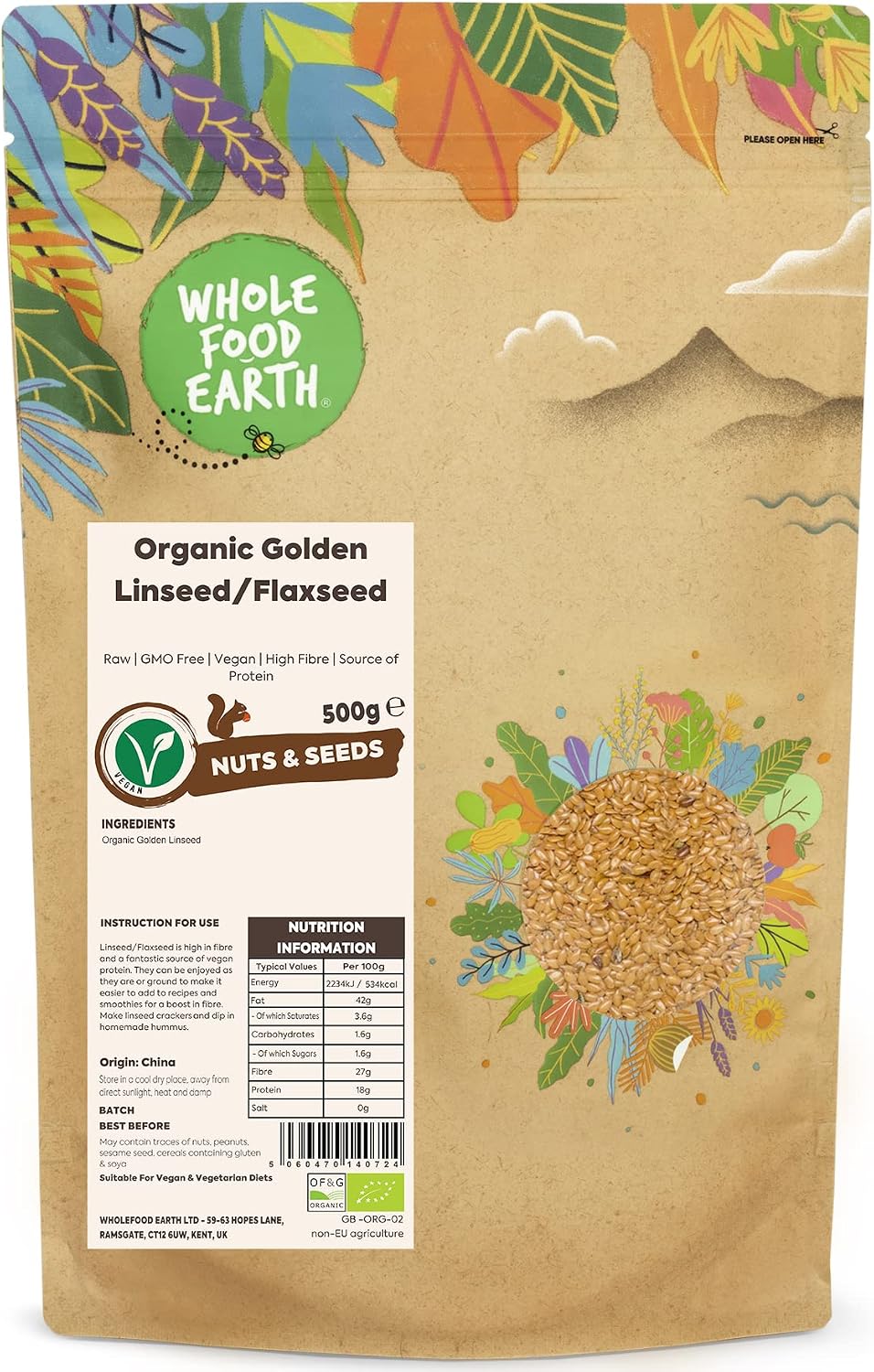 Wholefood Earth Organic Golden Linseed/Flaxseed – 500g | Raw | GMO Free | Vegan | High Fibre | Source of Protein | Certified Organic