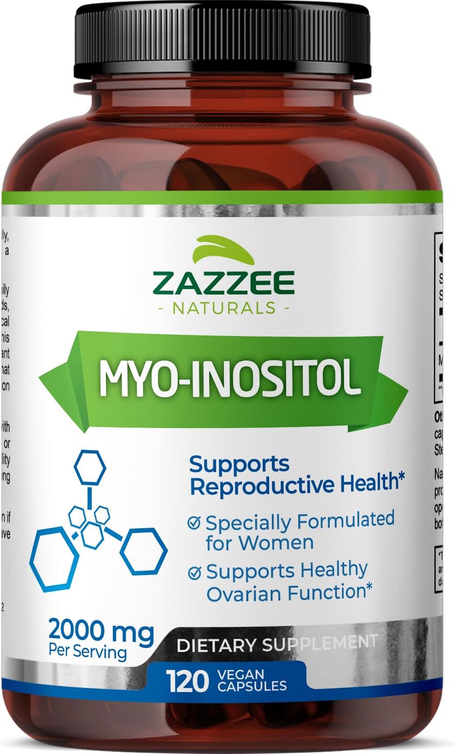 Zazzee Myo-Inositol Capsules, 2000 mg per Serving, 120 Vegan Capsules, Ideal Dosage for 40:1 Ratio, 100% Vegetarian, Hormone Balance & Healthy Ovarian Function Support, All-Natural and Non-GMO