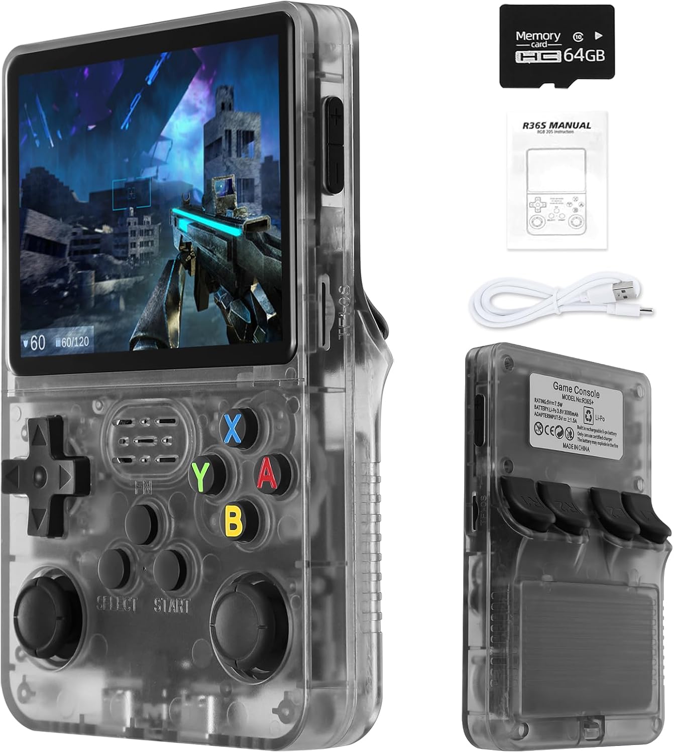 Sentk R36S Handheld Retro Game Console with Open Source Linux System, 3.5 Inch IPS Screen, 64G TF Card Retro Classic Games, Retro Games Console Handheld Emulator Console, 3200mAh Battery-Black