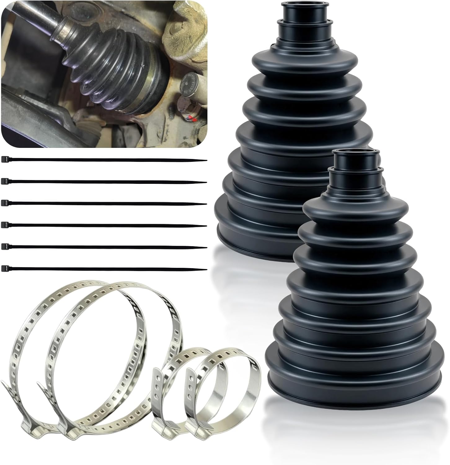 Upgrade 2PCS CV Boot,Thickened Neoprene Rubber Material with 4 Stainless Steel Clamps & 6 Cable Ties, CV Axle Boot Repair Kit for Protect Axle,Universal CV Joint Boot Fits Shaft Size 18mm-34mm