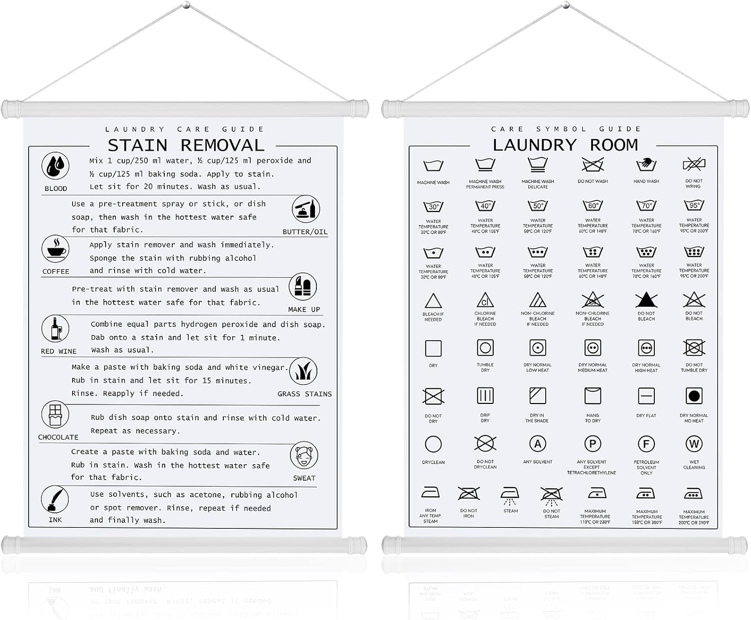 Gersoniel 2 Pieces Laundry Room Decor Laundry Symbols Wall Art Washing Room Hanging Symbols Decoration Stain Removal Theme Sign Clothes Care Room Art Ready to Hang Plaque, 11.8 x 15.7 Inches(White)