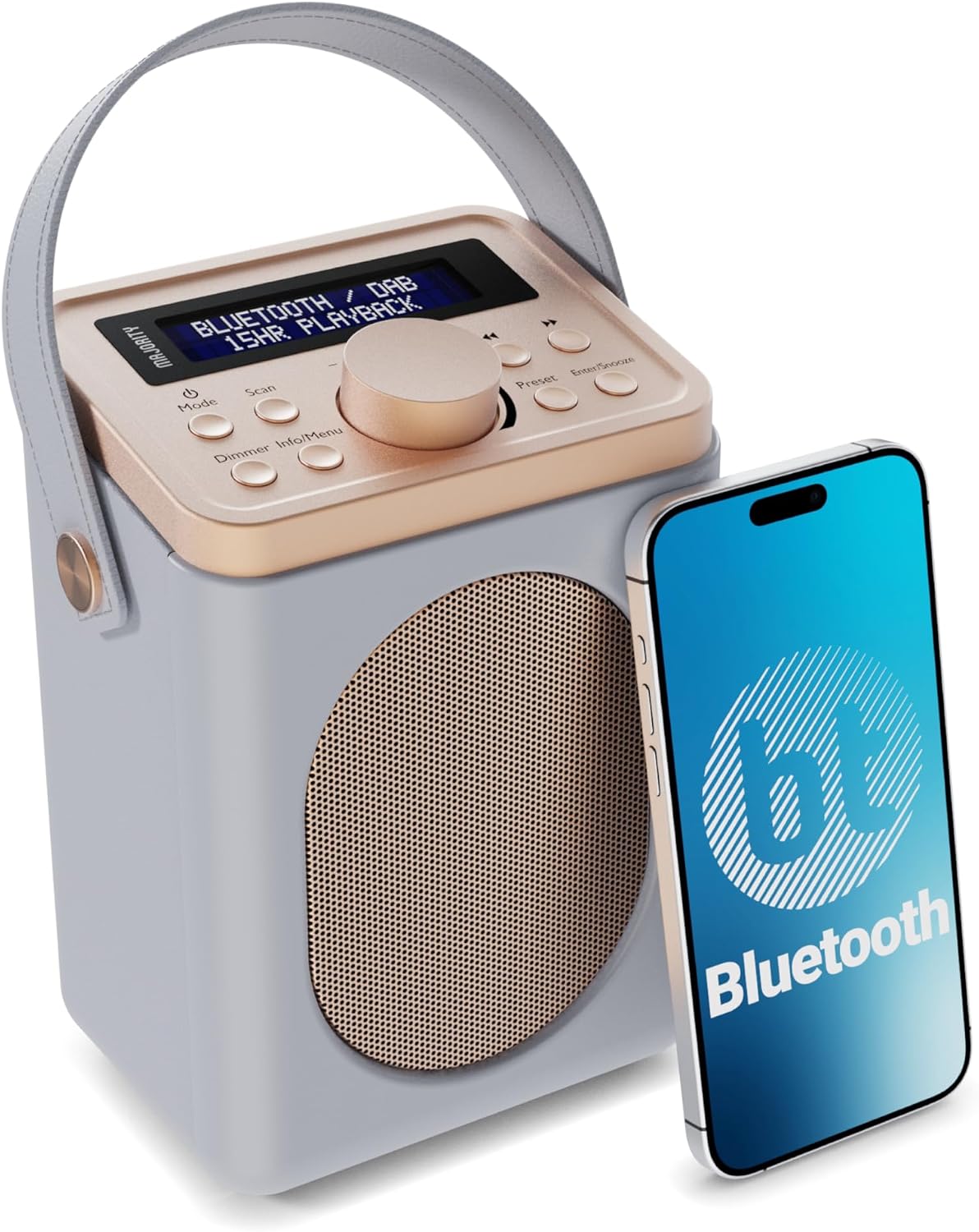 Portable DAB+ Radio with Bluetooth | 15 Hour Battery Playback and Mains Powered | Dual Alarm & Snooze Function | 20+ Presets, LED Display, FM, Headphone Jack | MAJORITY Little Shelford (Grey)