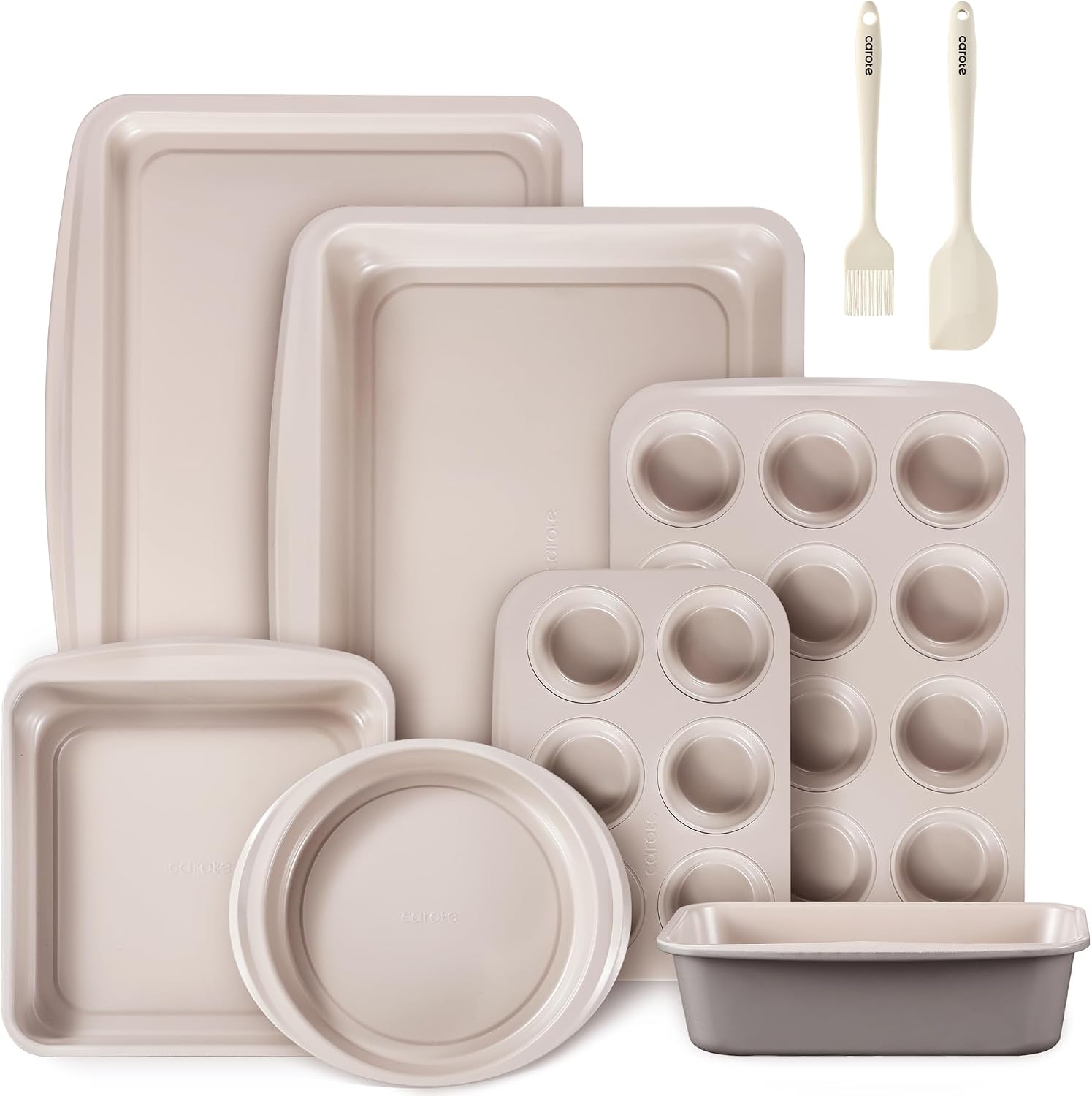 CAROTE 9-Piece Nonstick Stackable Baking Pans Set - Bakeware Sets Including Cookie Sheets, Muffin Pan, Bread Pan, Cake Pan, Loaf Pan, Roasting Pan, Gray & Khaki