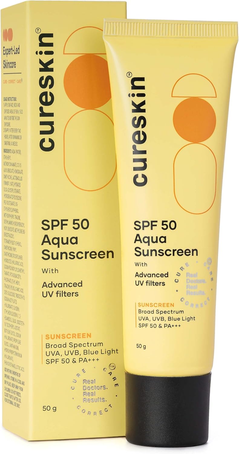 Cureskin SPF 50 Aqua Sunscreen with Advanced UV Filters | Broad Spectrum Sun, UVA, UVB, Blue Light Protection, SPF 50 & PA+++, 50 g (Pack of 1)