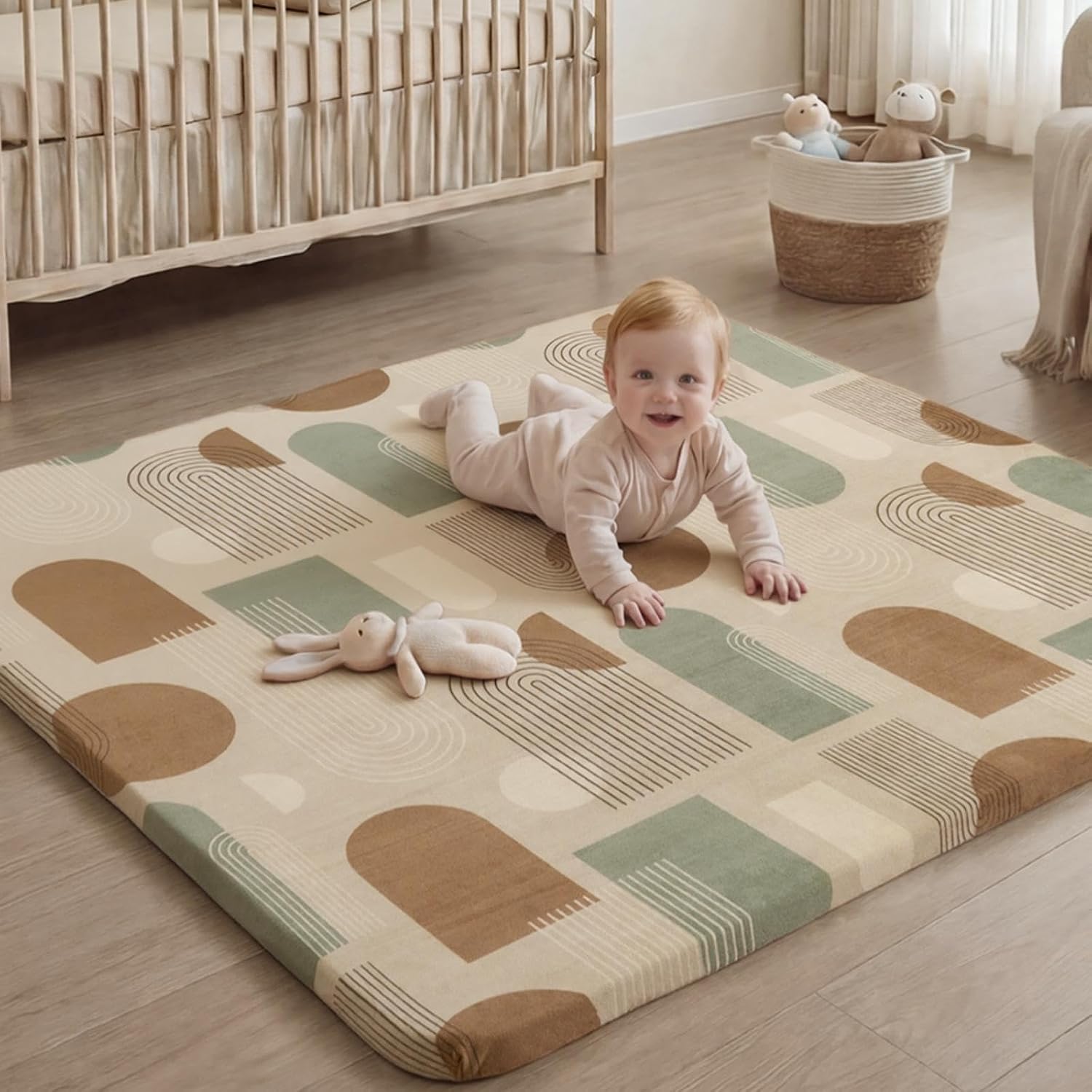 Blissful Diary 1.3" Thick Baby Play Mat, 50x50 Playpen Mat with Removable & Washable Cover, Ultra Soft Crawling Rug for Floor, Foam Cushion & Non-Slip Backing for Kids, Toddlers, Earth Tone Rainbow