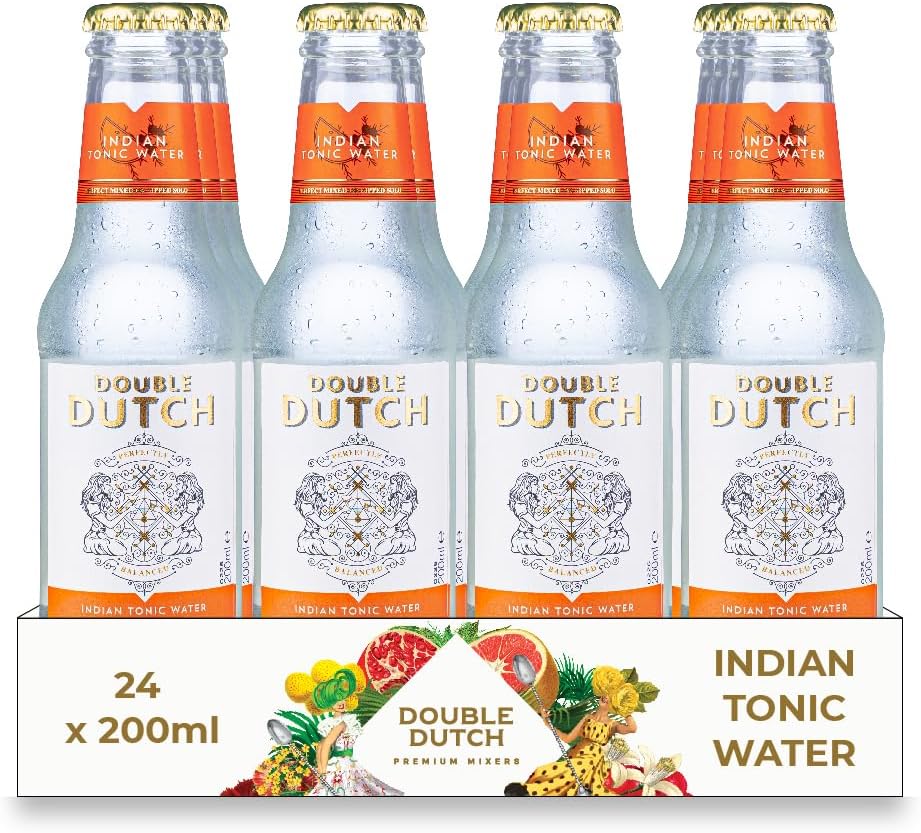 DOUBLE DUTCH Premium Indian Tonic Water (24 x 200ml Bottles) - Low Calorie, Diet Tonic Water for Gin, Tequila, Vodka, Rum, Cocktails | Gluten Free and Vegan Friendly Soft Drink Perfect Mixer