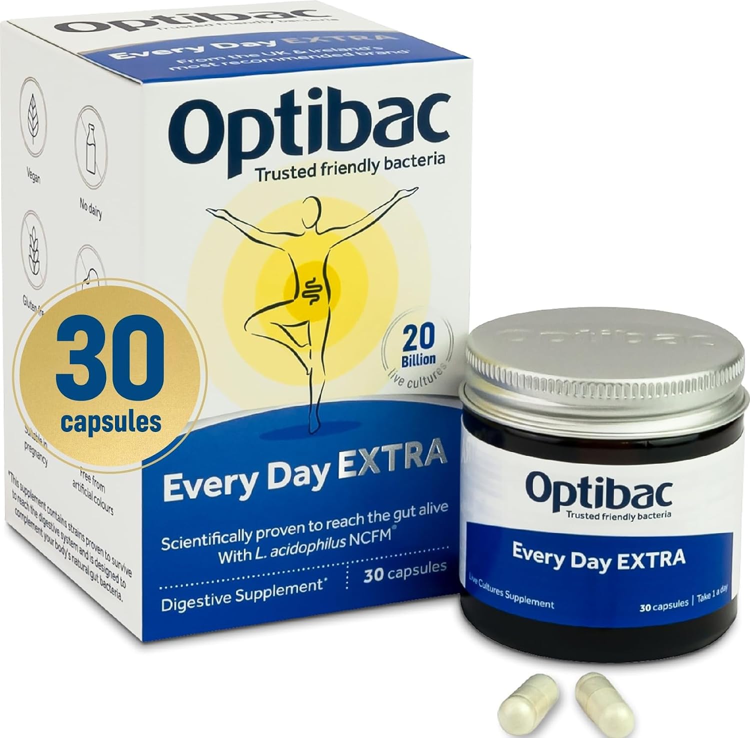 Optibac Probiotics Every Day Extra 30 Capsules | High Strength Digestive Probiotics with 20 Billion CFU | Vegan Supplement with Lactobacillus Acidophilus NCFM | for Everyday Digestive Health