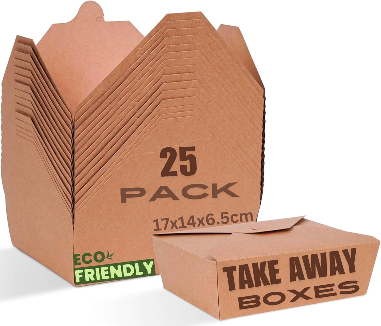 HURUC Kraft Paper Takeaway Boxes 337 GSM – 100% Compostable, Eco-Friendly Food Containers for Takeout & Meal Prep, Disposable and Recyclable Packaging for Restaurants & Cafes (Pack of 25-1420ml)