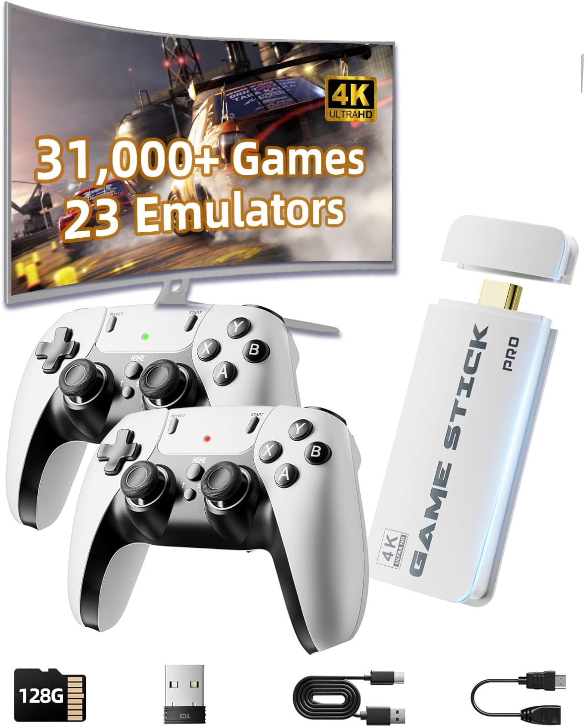XYELLOWICON Retro Game Console 4K HDMI – 31,000+ Classic Video Games Built-in, Includes 2 Wireless Controllers, Plug & Play TV Stick with 23 Emulators & 128GB Storage