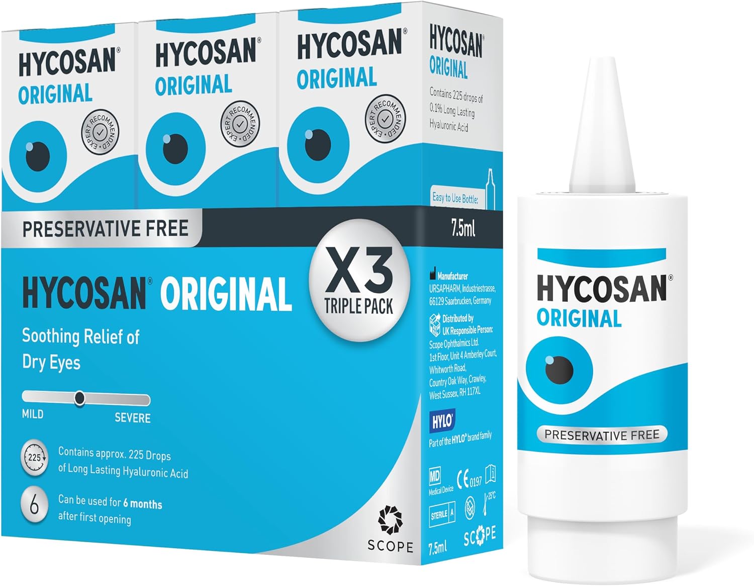 Hycosan Original - Triple Pack - Eye Drops with Hyaluronic Acid for Treatment and Rapid Relief of Mild to Moderate Dry Eyes - Preservative Free - 3 x 225 Measured Doses