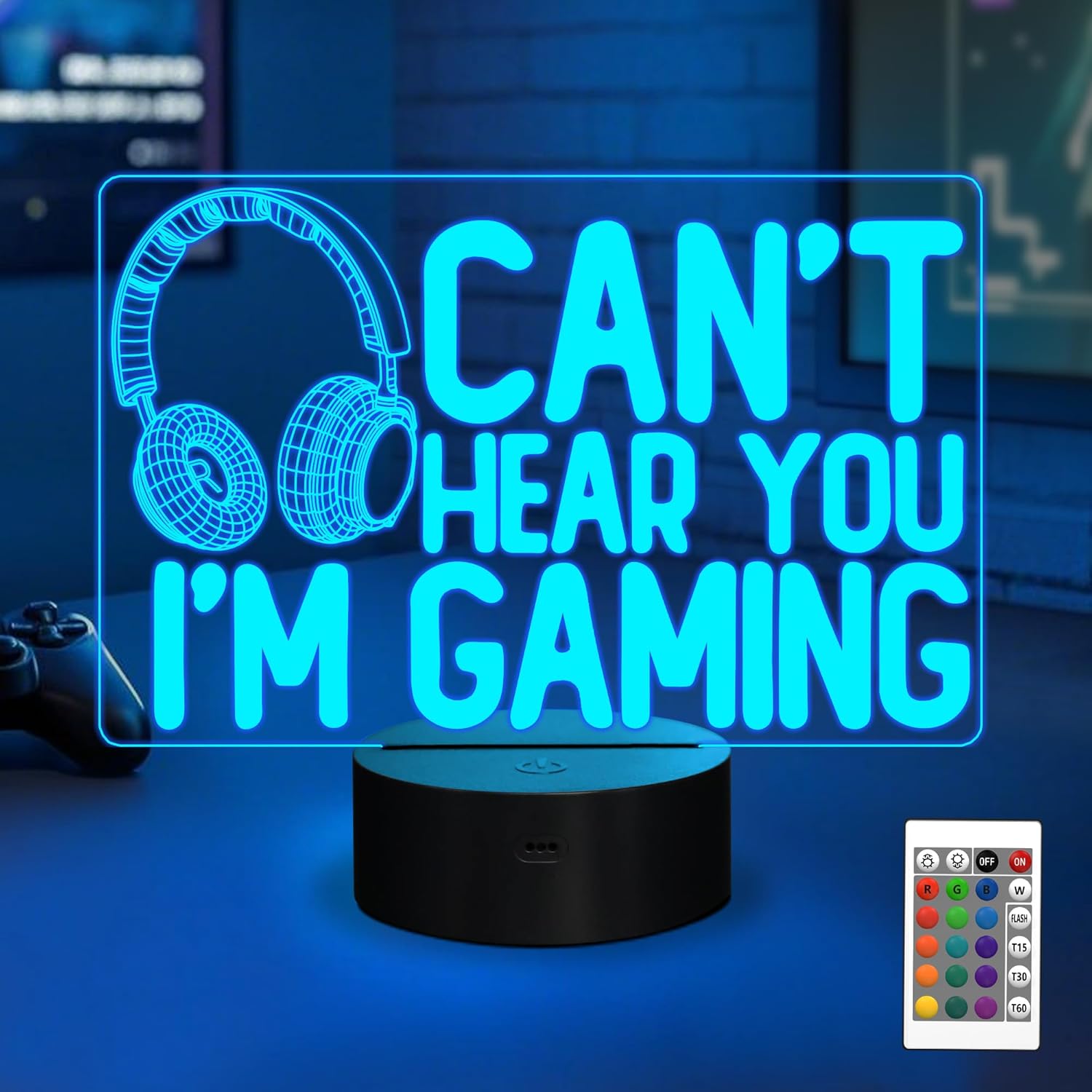 YuanDian Can't Hear You I'm Gaming Night Light, Headset Graphic Video Games Gamer Gift Funny 3D Illusion Lamp 16 Colors Changing Touch & Remote Control for Men Gamers Teenagers and Kids