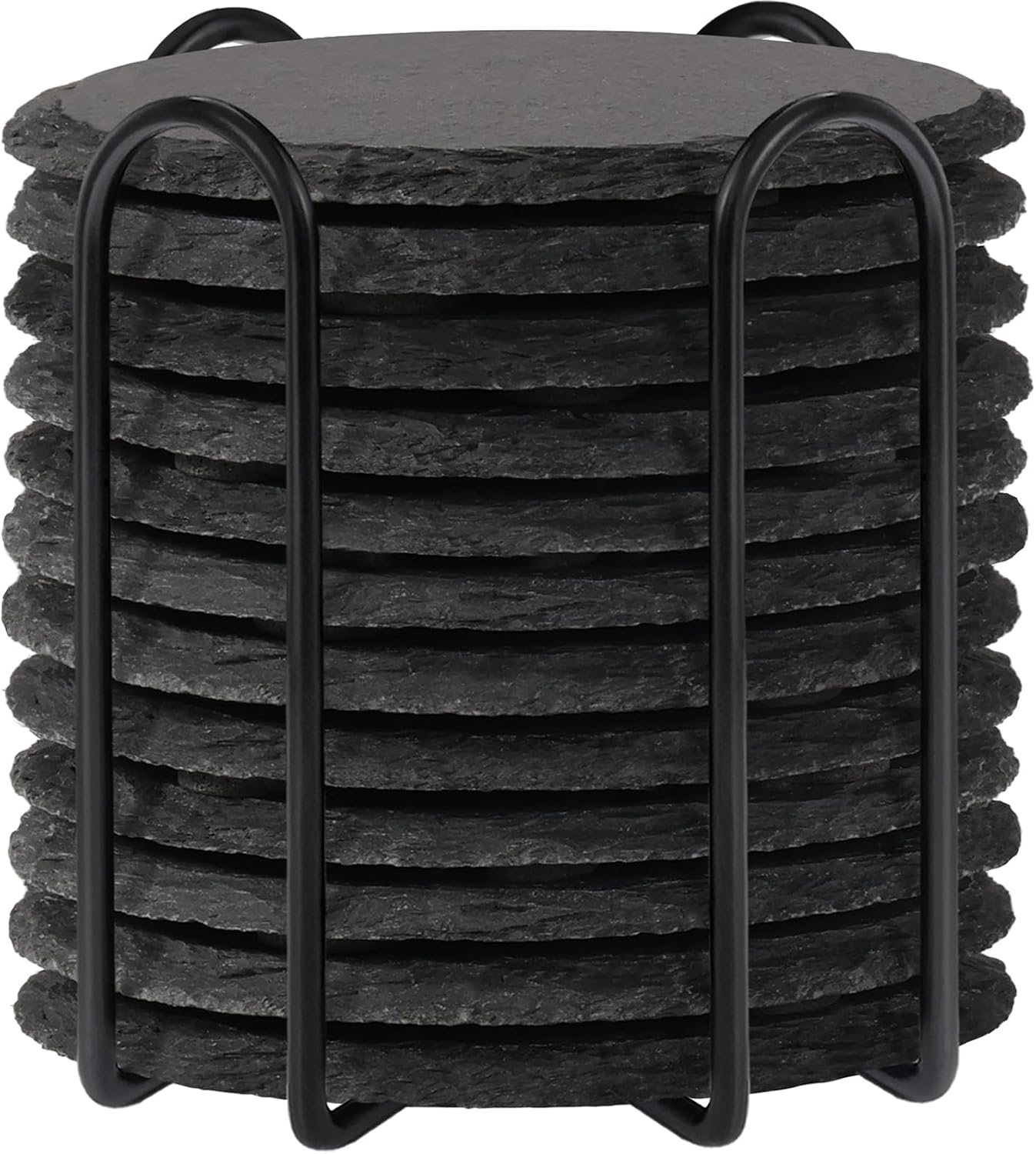 12 Pieces Coasters with Holder, WEWINK PLUS 4 Inch Slate Coasters Bulk Round Rock Rustic Coasters Black Stone Coaster with Anti-Scratch Backing for Bar, DIY, Kitchen, Home Decor