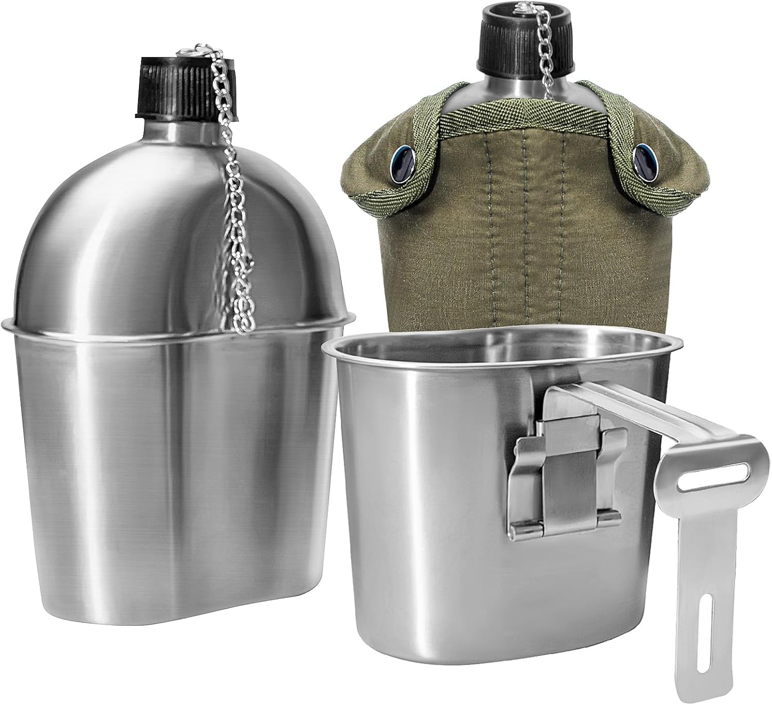 Stainless Steel Military Canteen 1QT Portable Army Water Bottle with 0.5QT Cup & Sleeves for Hiking Camping Climbing and Most Outdoor Activities