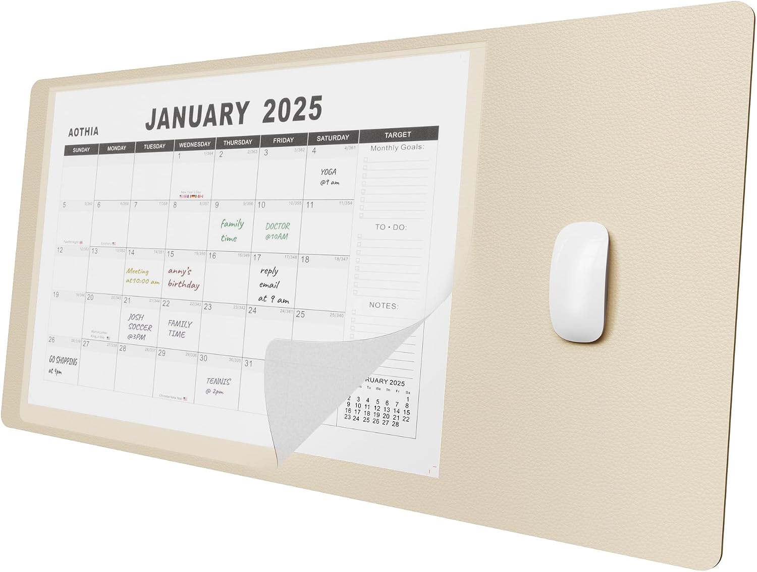 Aothia Desk Pad Protector with 18-Month Calendar 2025-2026, 80 x 40 cm Large Mouse Mat,Non-Slip Desk Mat Desk Protector Mat,Waterproof PU Leather Desk Writing Pad for Office & Home,Beige