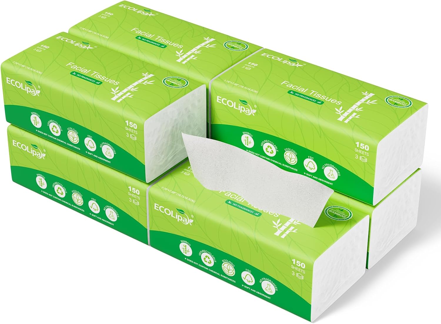 ECOLipak Bamboo Facial Tissues, 8 Packs, 1200 Sheets Total, 3-Ply | Ultra Soft & Strong, Hypoallergenic, Travel Size, Ideal for Car, Home, Office