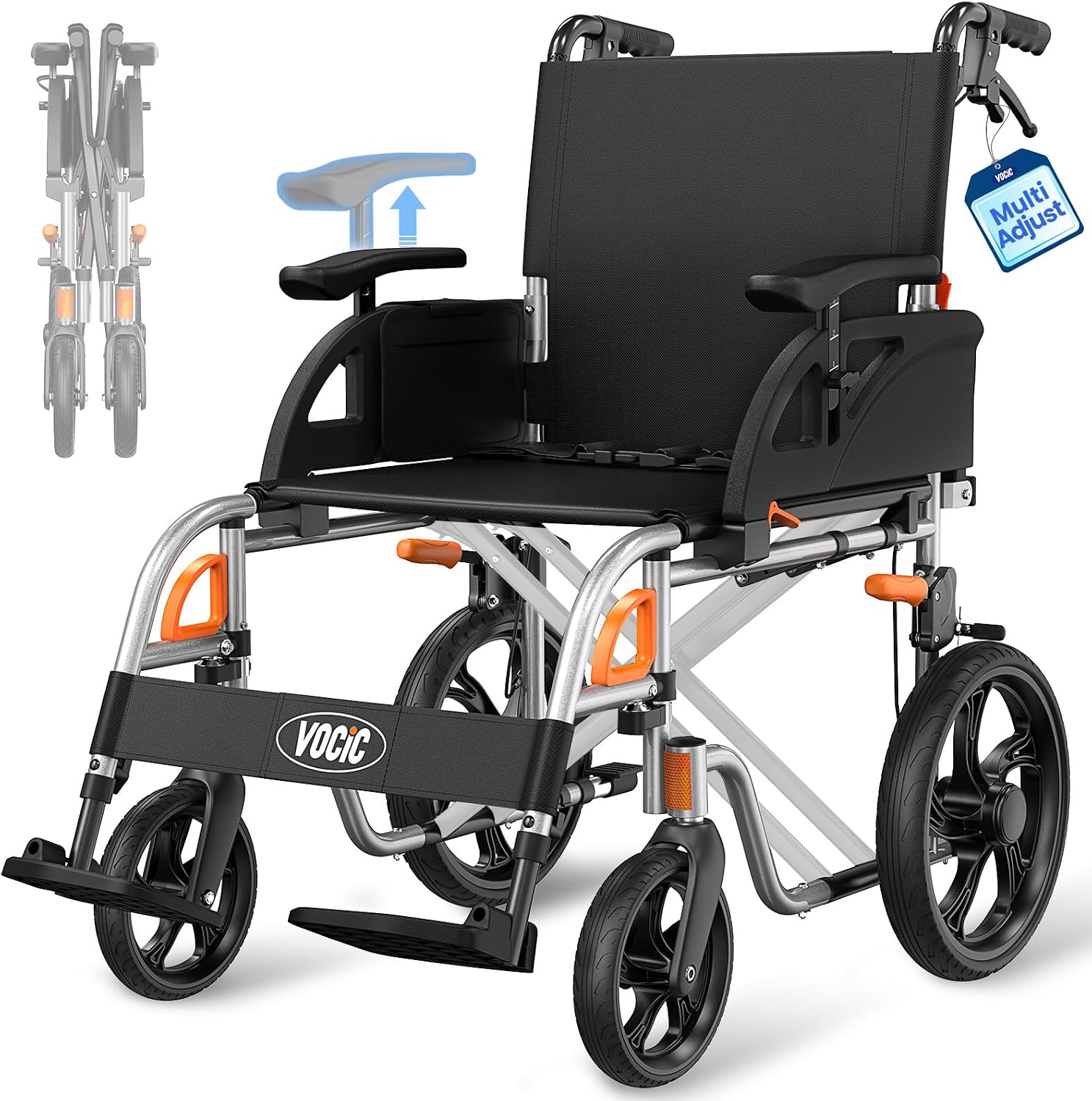 VOCIC U12 Lightweight Transport Wheelchair for Adults Foldable, Black Wheelchair with Handbrakes, Flip-Back Arms, Swing-Away Footrests, 12” Rear All Terrain Wheels, 300 lbs Capacity