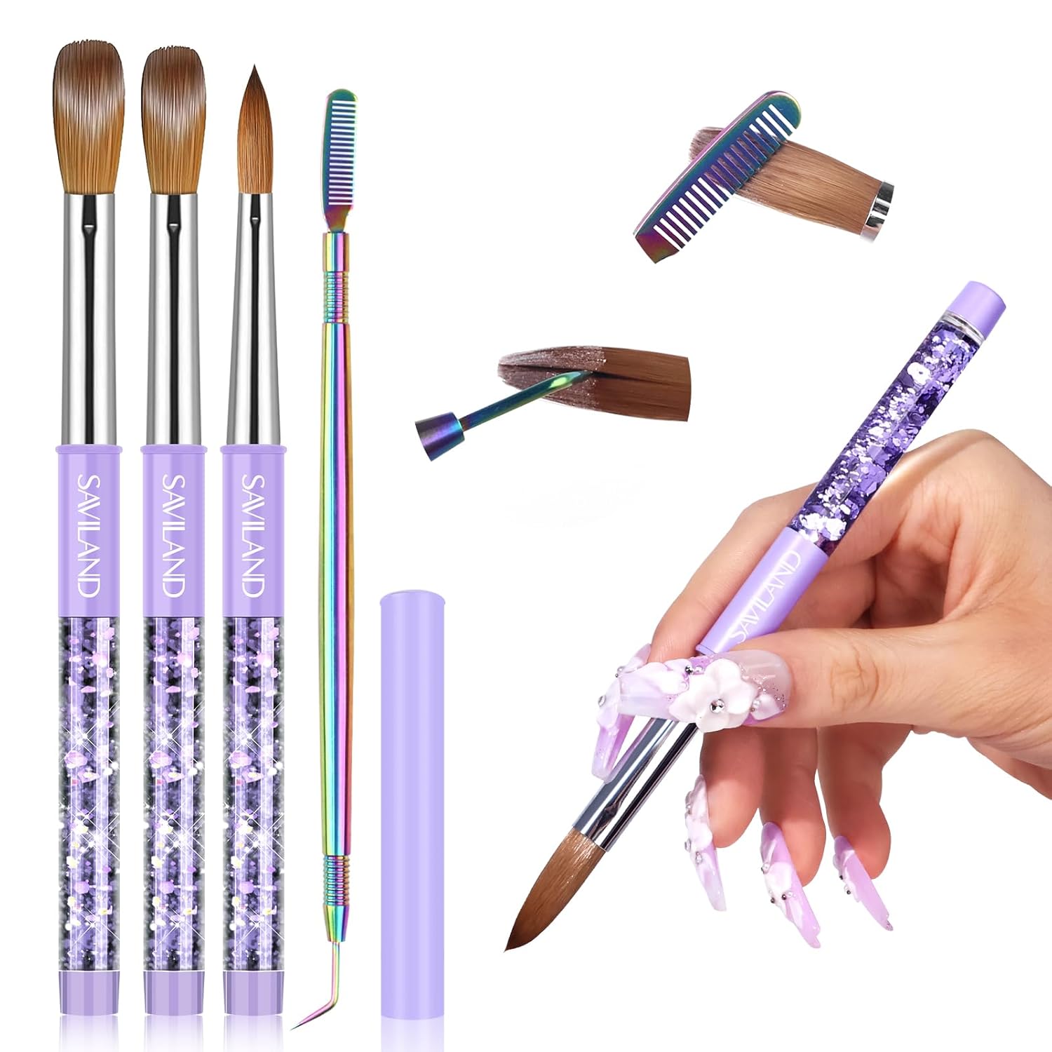 SAVILAND Kolinsky Acrylic Nail Brush Set: Size 6,10,14 Professional Manicure Brushes with Cleaner Tool & Purple Handle for Acrylic Powder,Nail Extensions & 3D Carving - Salon & DIY Nail Art Essentials