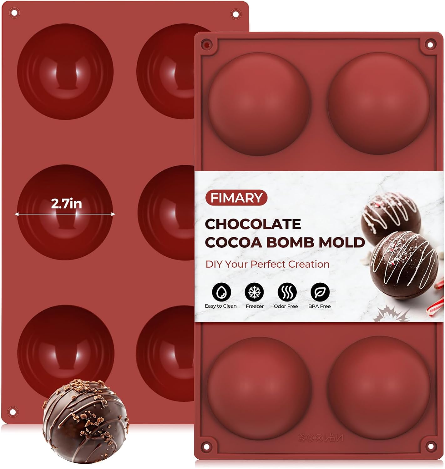 6 Holes Silicone Hot Chocolate Bomb Molds, 2 Packs Large Semi Sphere Mold 2.7" Half Sphere Silicone Baking Molds for Making Chocolate, Cake, Jelly, Dome Mousse