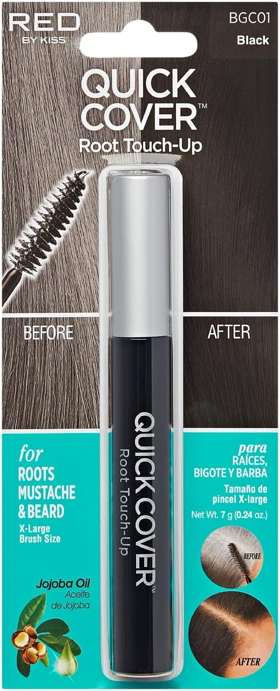 RED by KISS Quick Cover Root Touch Up Rescue (Black), Mascara Natural Water-Resistant Temporary Gray Concealer Cover Up Brush for Hair Mustache & Beard, Formulated with Jojoba Oil