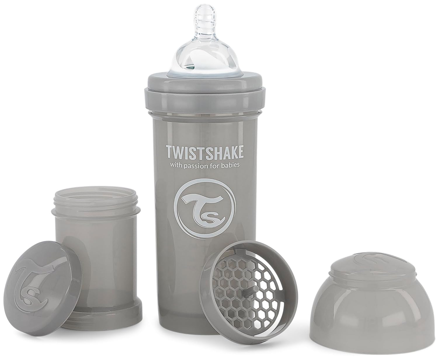 Twistshake Anti Colic Baby Bottles - Premium 260ml/8oz Bottles with 100ml Milk Storage Container for a Comfortable Feeding Experience for Baby Care - Pastel Grey
