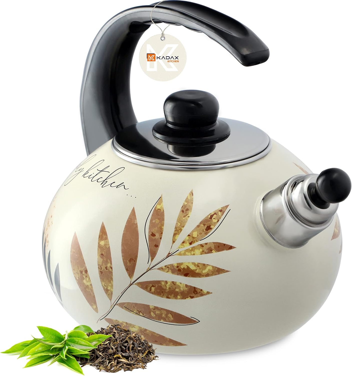 KADAX Water Kettle, Stainless Steel Kettle, 2.2L Flute Kettle, Water Kettle for Induction and Gas Cooker, Tea Kettle, Enamel Kettle, Retro Kettle with Whistle (Leaves)
