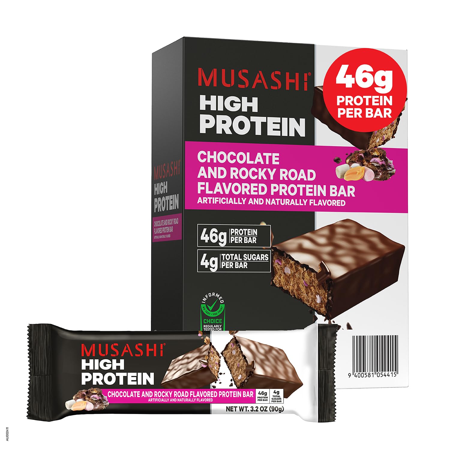 MUSASHI High Protein Bar, 46g Protein, Rocky Road