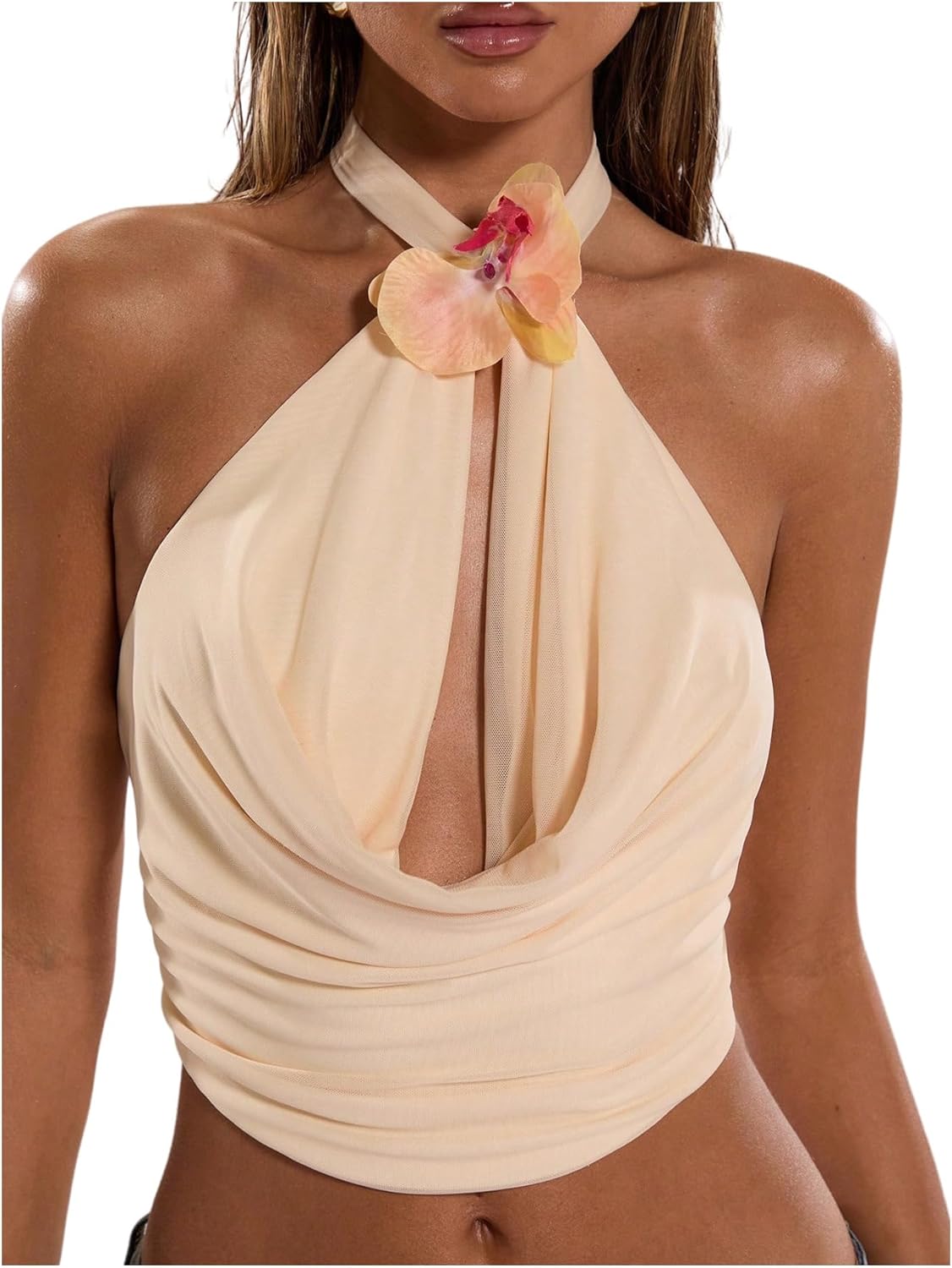 MakeMeChic Women's 3D Flower Sexy Halter Top Draped Front Tie Backless Sleeveless Tank Tops