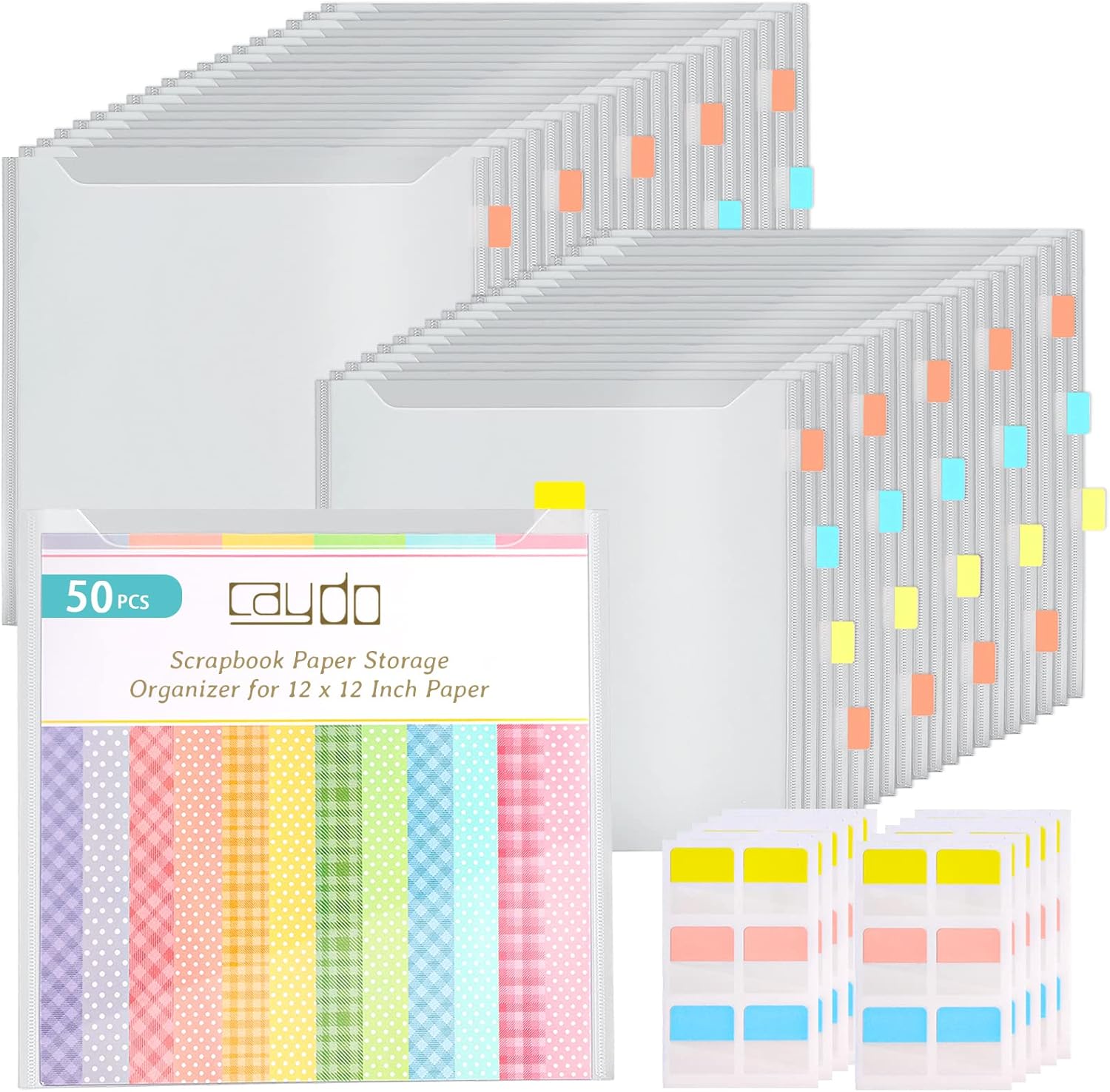 Caydo 50 Pieces Scrapbook Paper Storage Organizer with 120 Pieces Sticky Index Tabs for Holding 12 x 12 Inch Scrapbook Paper, Paper Files, Vinyl Paper and Cardstock