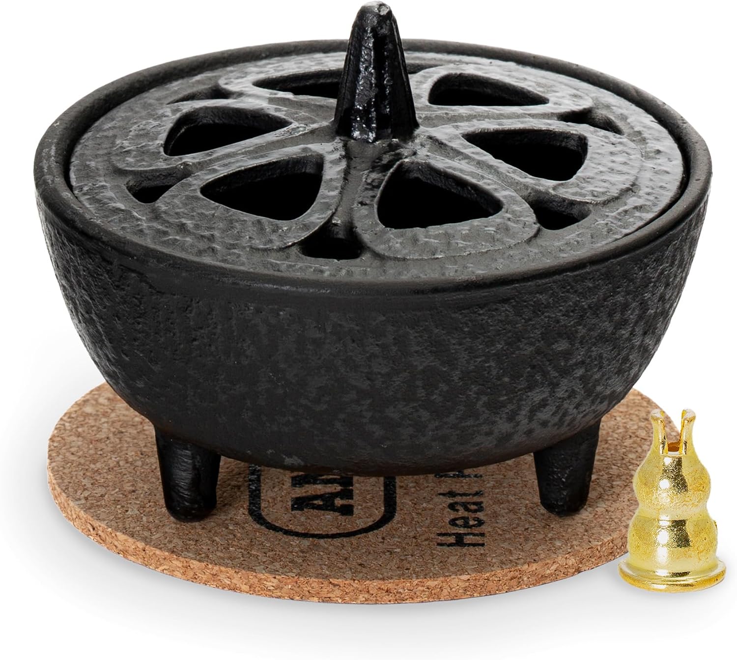 Anbar Lotus Flower Incense Burner, Cast Iron Bowl and Lid for Sticks, Cones, Wax Melts, Charcoal and Resin, Traditional Oriental Zen Home Decor, Supports Aromatherapy and Mindfulness