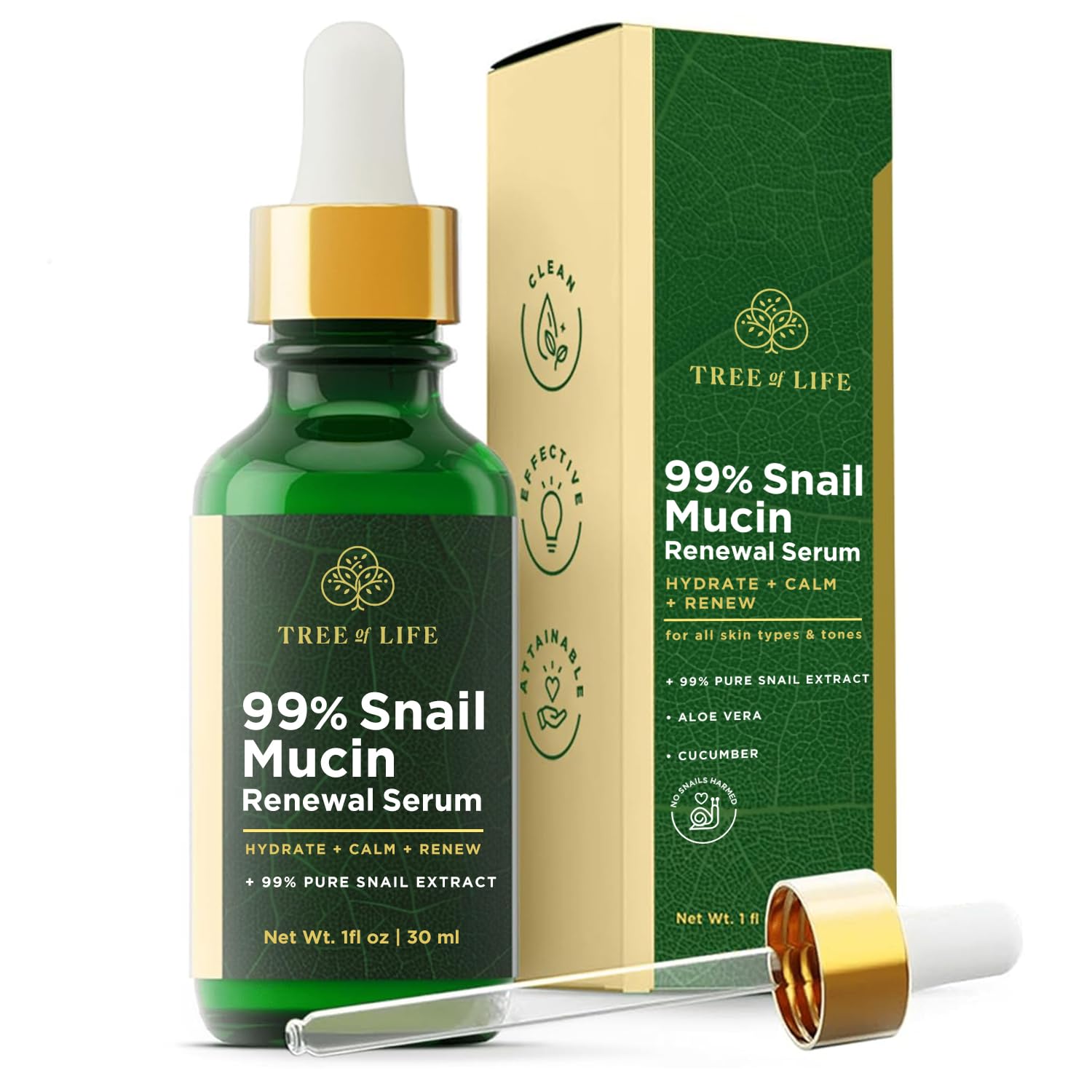 Tree of Life Beauty 99% Snail Mucin Serum - Hydrating Serum for Face with Aloe Vera and Cucumber - Snail Serum Pore Minimizer for Face - Highly Concentrated Skin Care Face Serum for Women 1 Fl Oz