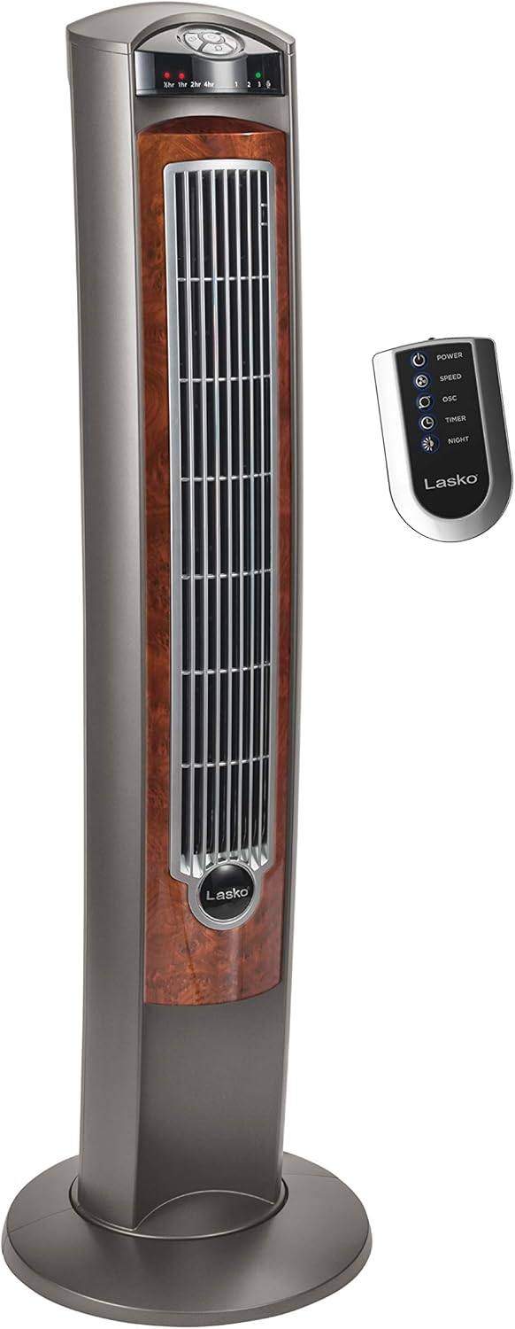 Lasko Oscillating Tower Fan with Remote, Quiet Floor Fans for Bedroom, 42", Woodgrain and Grey