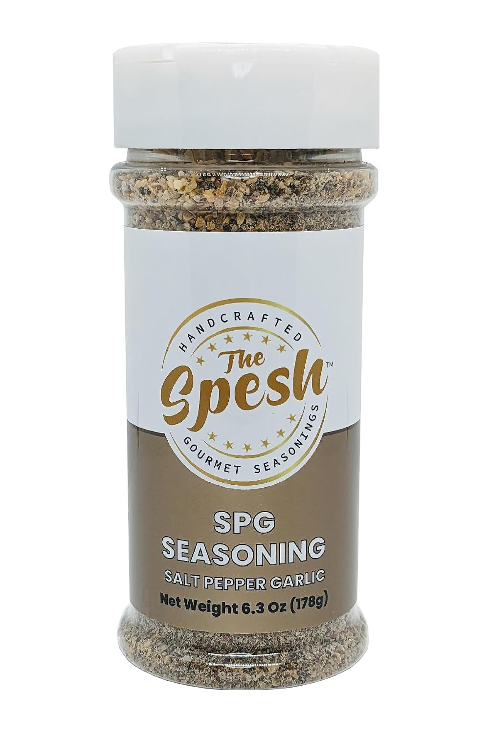 The Spesh - SPG Seasoning 6.3oz - A gourmet Garlic, Salt, Pepper Seasoning made with California Garlic and the Original Spesh Blend Gourmet Mix of 12 Salts and Peppers.