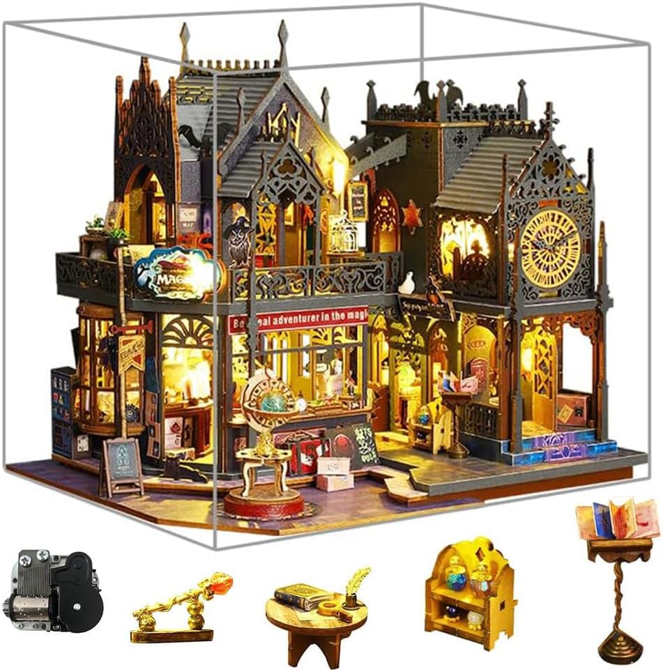 DIY Miniature Dollhouse Kit with Dust Cover and Misic,Miniature House Kit Wooden Dollhouse Kit,1:24 Scale Magic Dollhouse Creative Room Idea for Adults