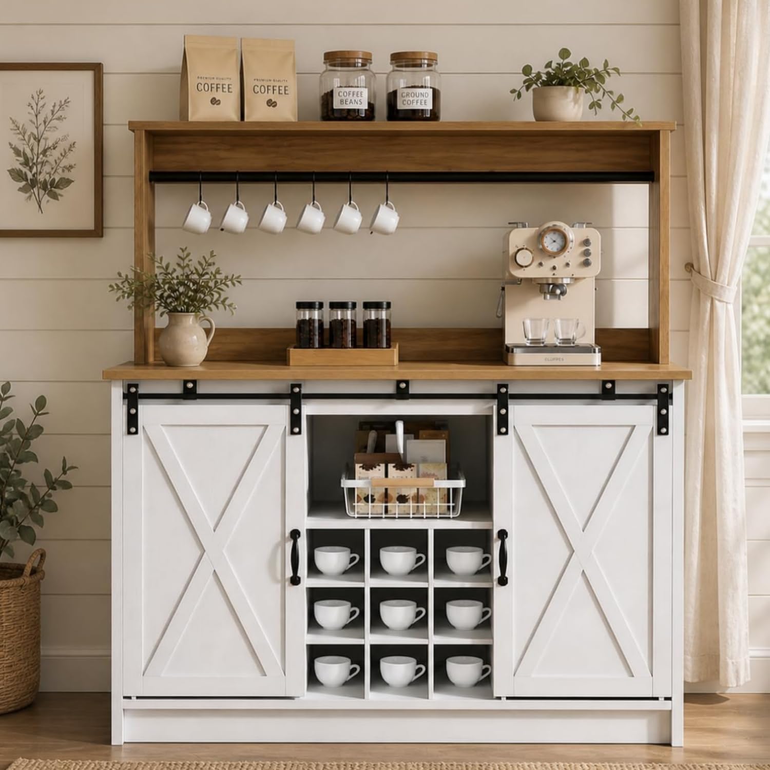 4ever2buy 47" Farmhouse Coffee Bar Cabinet with Storage Hutch, White