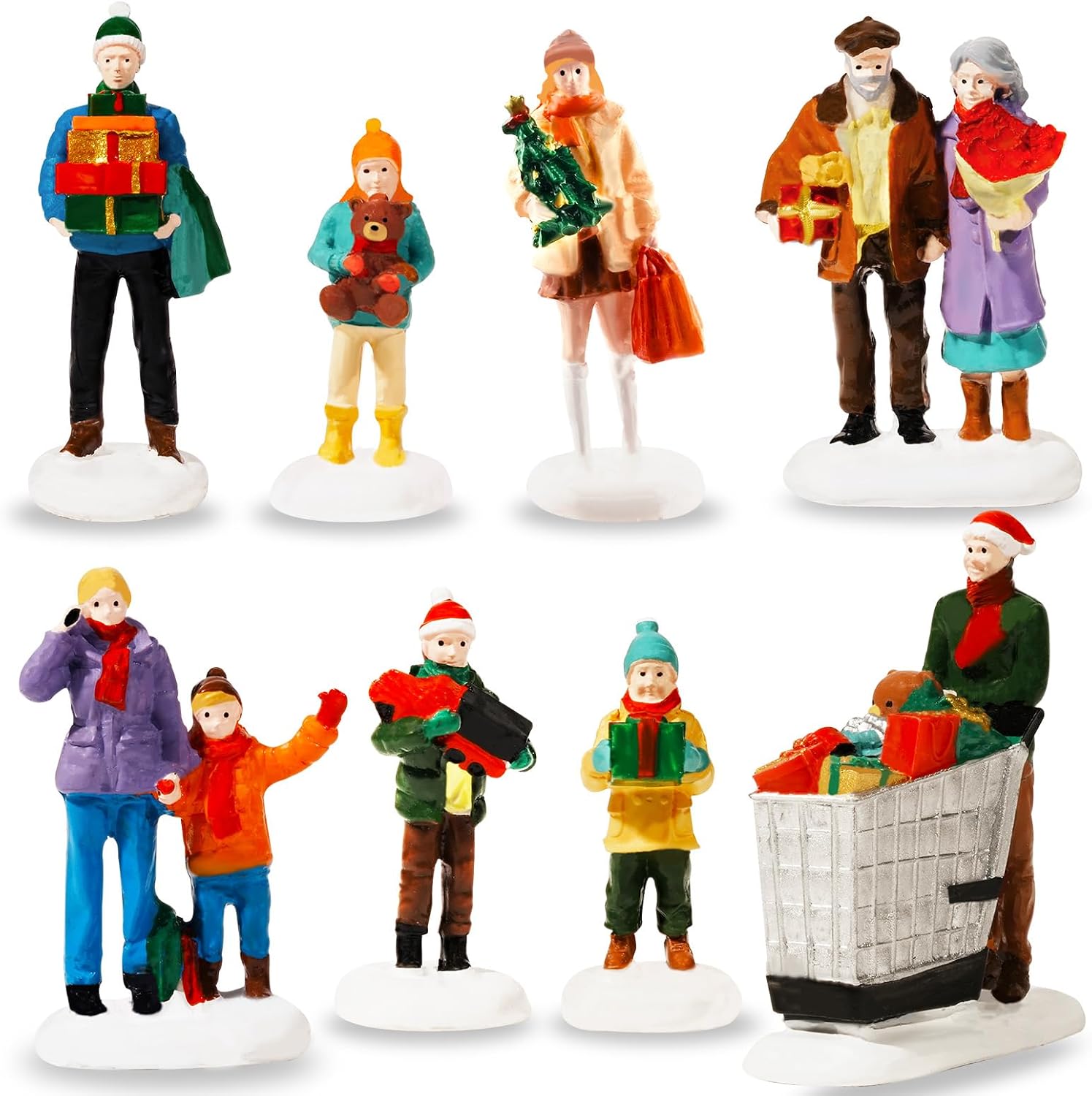Bbiamsleep Christmas Village People Figurines Miniature Christmas Town Village Family Shopping Sets Mini Shopper People Figurines for Xmas Winter Decorations Accessories, Set of 8