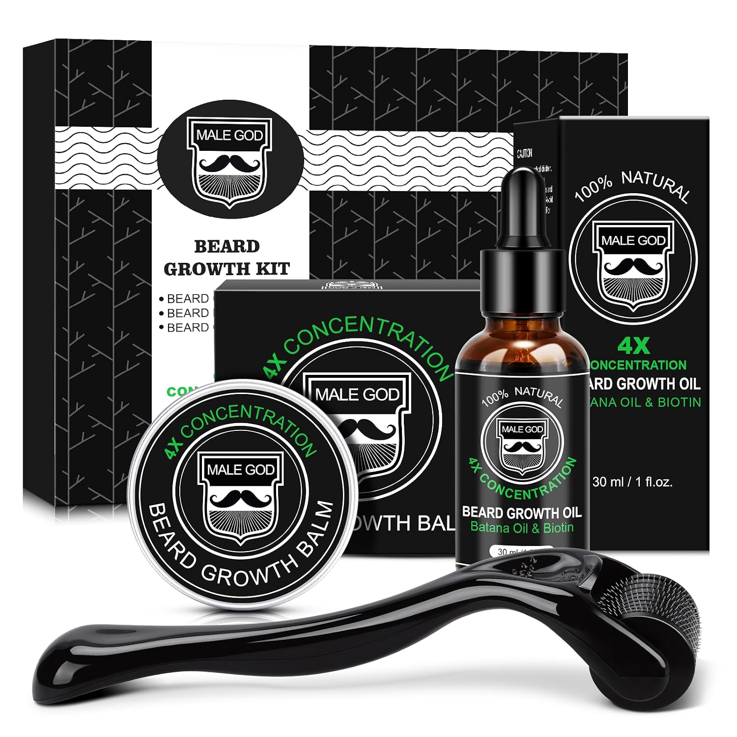 MALE GOD Beard Kit, Beard Growth Kit w/Natural Ingredients Beard Oil & Balm & Comb, Beard Growth Oil w/4X Thickening Biotin, Fathers Day | Chrismtas | Birthday Gifts for Men Him Husband Boyfriend Dad
