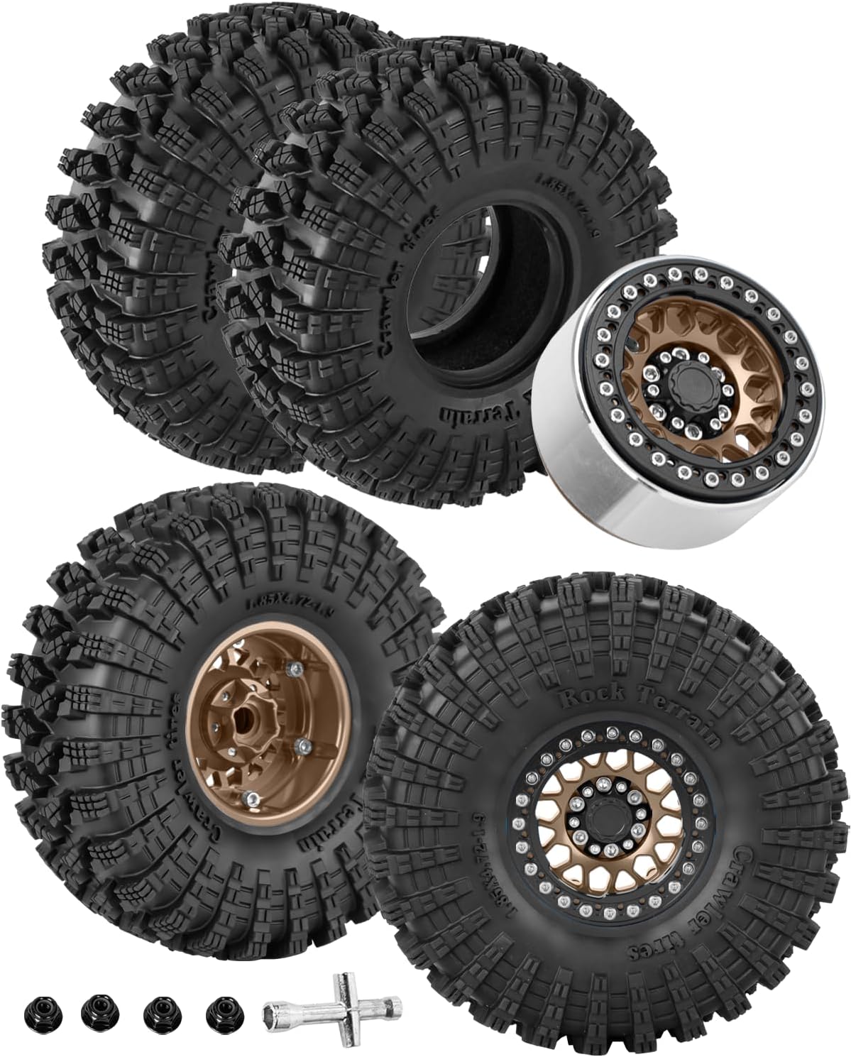 1.9" Beadlock Wheels and Tires 1.9 RC Tire Set for 1/10 SCX10 90046 TRX4 AX103007 TRX6 D90 Gen7 8 MST VS4-10 RC Crawler,1.9 Beadlock Rubber Tyre Alloy Wheel Rims &Ring,Brown w/Black