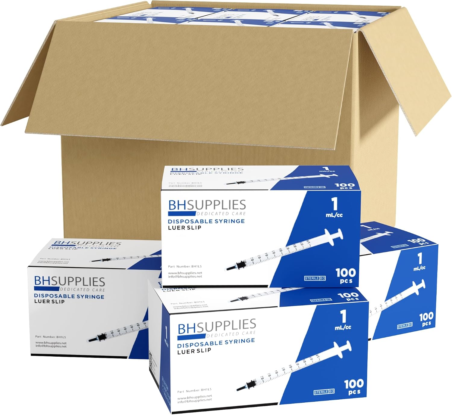 Bulk Case: BH Supplies 1mL Sterile Luer Slip Syringe - Individually Wrapped (2400 Syringes, 24 Boxes of 100 Units)