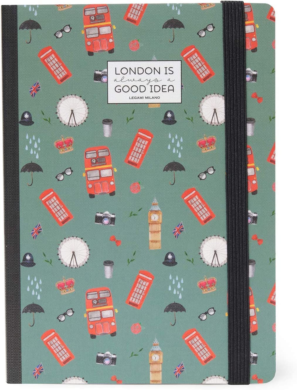 Legami London Themed A5 Paper Notebook w Back Pocket & Elastic Closure | 164 Lined & 24 Detachable Pages | Portable Diary Journal | Ideal for Writing Notes at School Office & Work