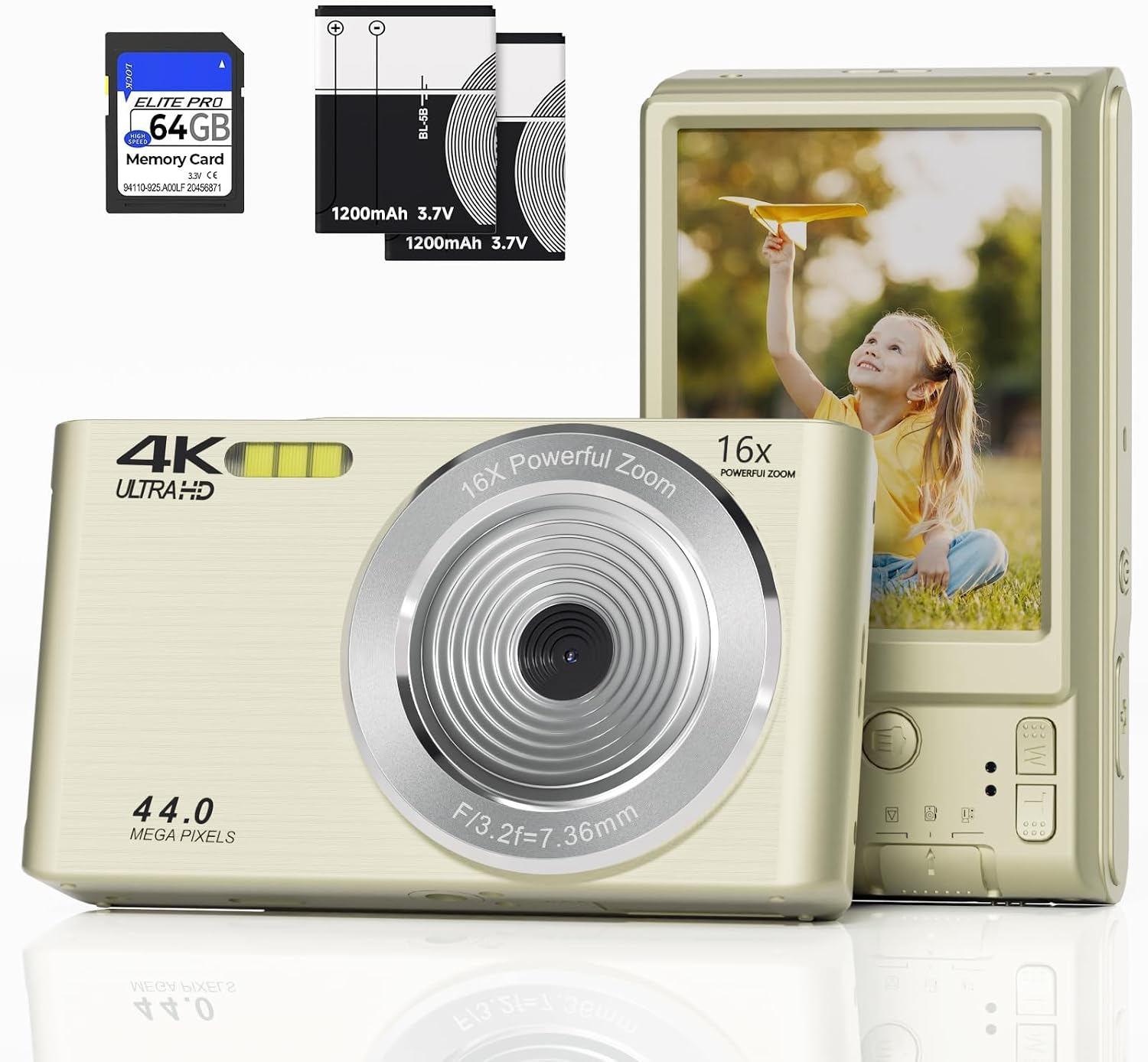 Digital Camera FHD 4K 44MP with 64GB SD Card 16X Digital Zoom 2024 Digital Cameras FHD 1080P Cheap Simple Compact Portable Small Camera with Memory Card Gifts for Teens Boys Girls Kids (Cream)